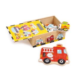 Cutie din lemn cu 6 puzzle-uri cu vehicule diferite