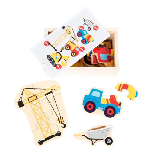 Cutie de puzzle din lemn cu 5 vehicule de santier