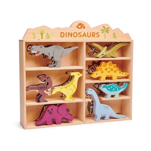 Set de 8 dinozauri pe raf din lemn